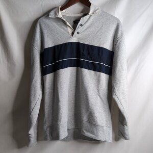 DKNY Men's Light Grey Snap Button Polo Navy Stripe Embroidery Spellout, Size Med